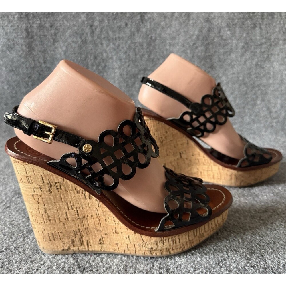Tory Burch Nori Black Patent Leather Cork 5" Wedge Heel Sandal Sz 9.5 M Boho